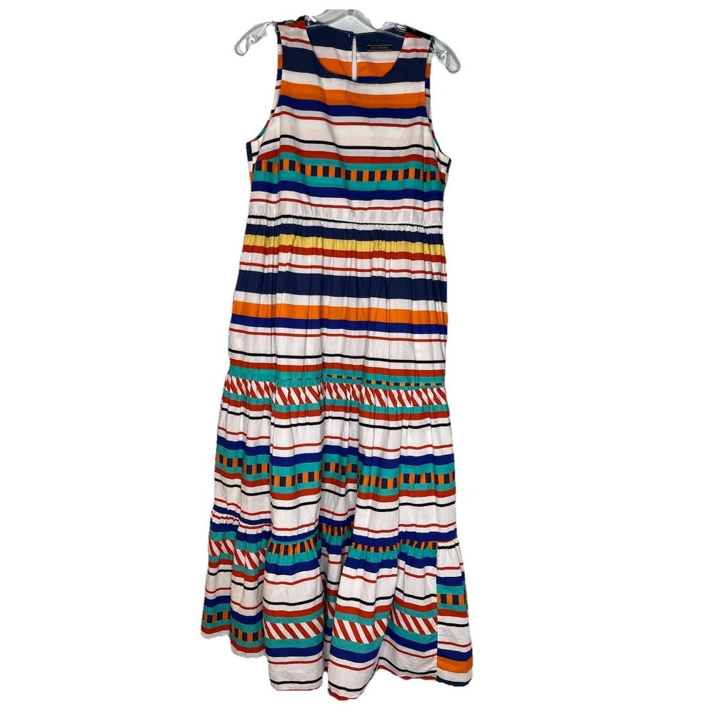 MDS Stripes Women's Maxi Dress Size 2 Multicolor 100% Cotton Tiered Coastal